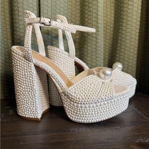 Pearl-Embellished Platform Heels - Cream